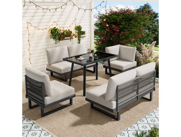 Ensemble de table à manger de jardin PINGGO, ensemble de meubles de jardin, canapé d'angle, lit de salon extérieur convertible en lit de jour, acier galvanisé