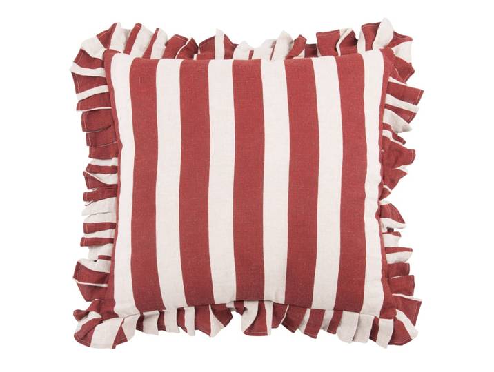 Gestreiftes Kissen aus Leinen mit Volants, bordeauxrot und beige 45x45cm