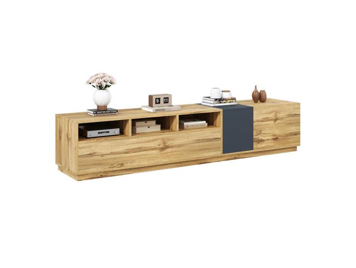 Modenvie Lowboard 200/45/45 cm aus Spanplatte mit Kabeldurchlässen Schwarzgrau/Natur, 200x45x45 cm, Wohnzimmer, TV Möbel, Lowboards, Lowboards stehend