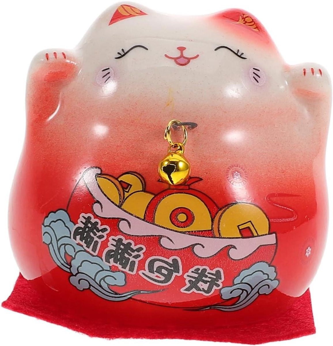 Rood Keramisch Kat Ornament - Klein Bureau Beeldje - Hoogte: 6,5 cm