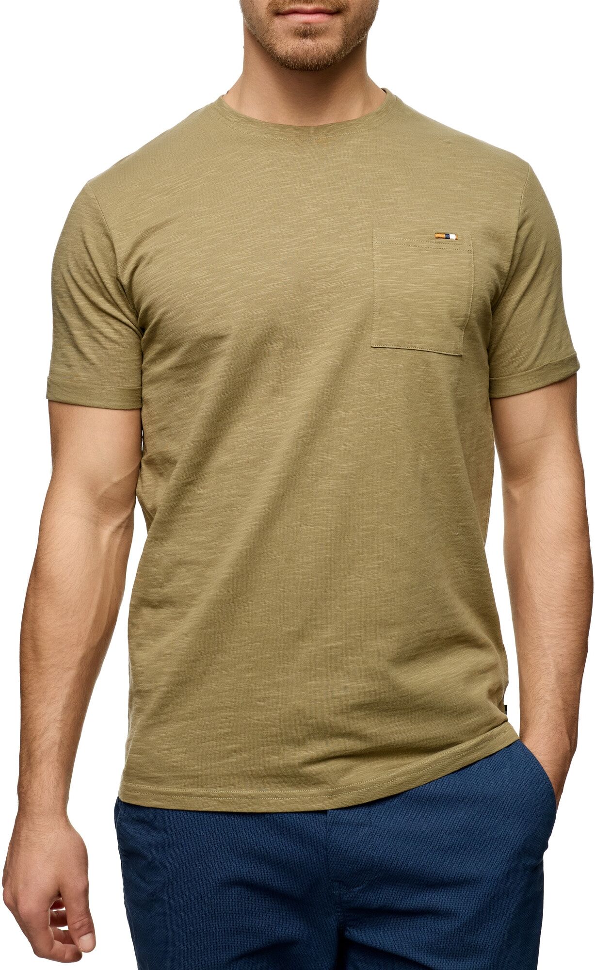 Rundhalsshirt INDICODE "INAndorra", Herren, Gr. L, grün (covert grün), Single Jersey, Obermaterial: 100% Baumwolle, unifarben, regular fit hüftlang, Rundhals, Shirts Rundhalsshirt, Baumwolle, regular fit covert grün L