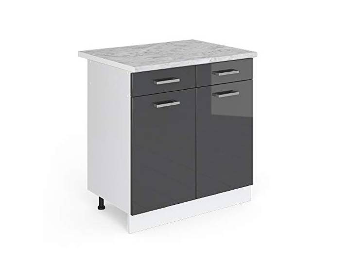 Vicco Küchenunterschrank R-Line, Anthrazit Hochglanz, 80 cm 2 Schubladen · Arbeitsplatte Marmor · Höhenverst. Füße · 2 Türen · Leichter Zugriff
