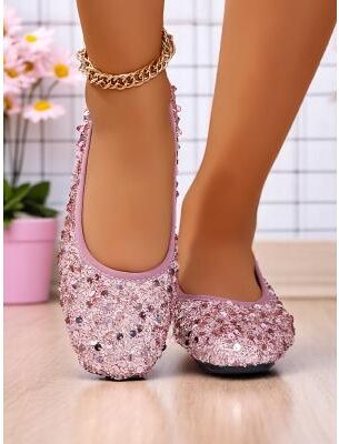 LightInthebox Women's Beige Sequin Ballet Flats - Comfortable and Chic Flats for Daily Dates and Casual Outings