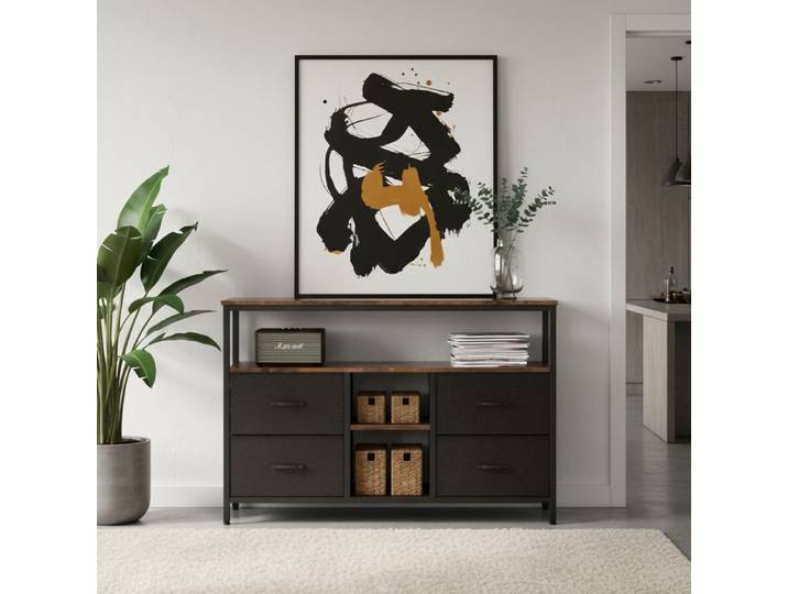 Buffet - Novélys - 137cm - avec 4 Tiroirs & Éclairage LED Contrôlable par App - Style Rétro-Moderne - Bois & Noir