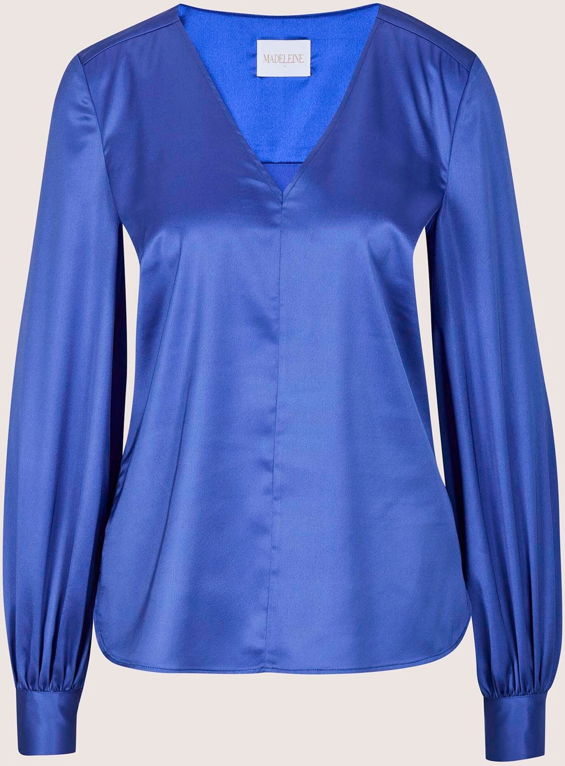Langarmbluse MADELEINE "Satinbluse Blusenshirt mit schimmerndem Glanz", Damen, Gr. 38, blau (azurblau), Obermaterial: 100% Polyester PES., Modern, gerade, V-Ausschnitt, Blusen Langarmbluse, Markante Mittelnaht