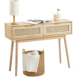 VEVOR Rattan-Konsolentisch mit 2 Schubladen, Rattan-Eingangstisch mit natürlicher Rattan-Schiebetür, Konsolen-Sofatisch für Wohnzimmer, Arbeitszimmer, Eingangsbereich oder Fernsehwand, Natur