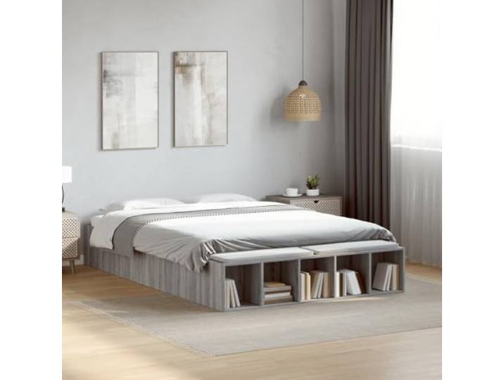 RJPLMFV Bettgestell, 120 x 190 cm, Grau Mit Stauraum, Lattenrost inklusive, nachhaltiges Holz