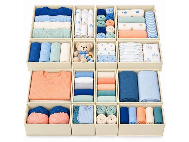 Relaxdays Schubladenorganizer Beige 16er-Set, Papier, Textil, 28x12x28 cm, Schlafzimmer, Kleiderschränke, Schrankzubehör, Schubkasteneinsatz