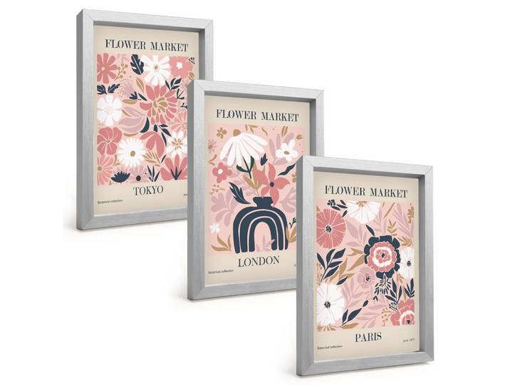 BILDER SET 3er Set - 20x30 cm Silberner Rahmen - Blumenmotive Tokio London Paris