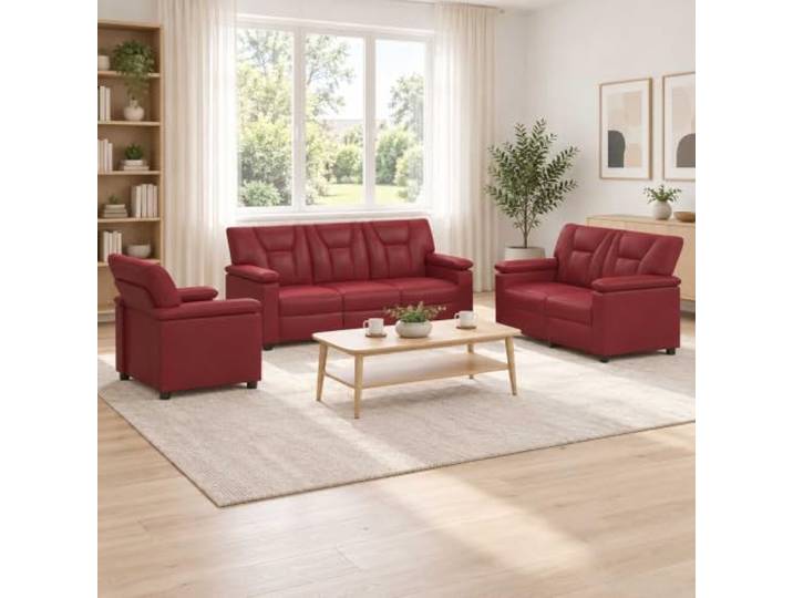 Sofa-Set 3 pcs Weinrot Kunstleder Metallrahmen,Faserfüllung,Sperrholz-Armlehnen,Reißverschluss,Kunstleder-Finish