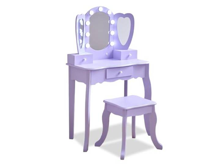 Teamson Kids Herzförmiger Schminktisch mit LED-Licht in Violett für Kinderzimmer, Frisiertisch für Mädchen mit Spiegel und Zubehör