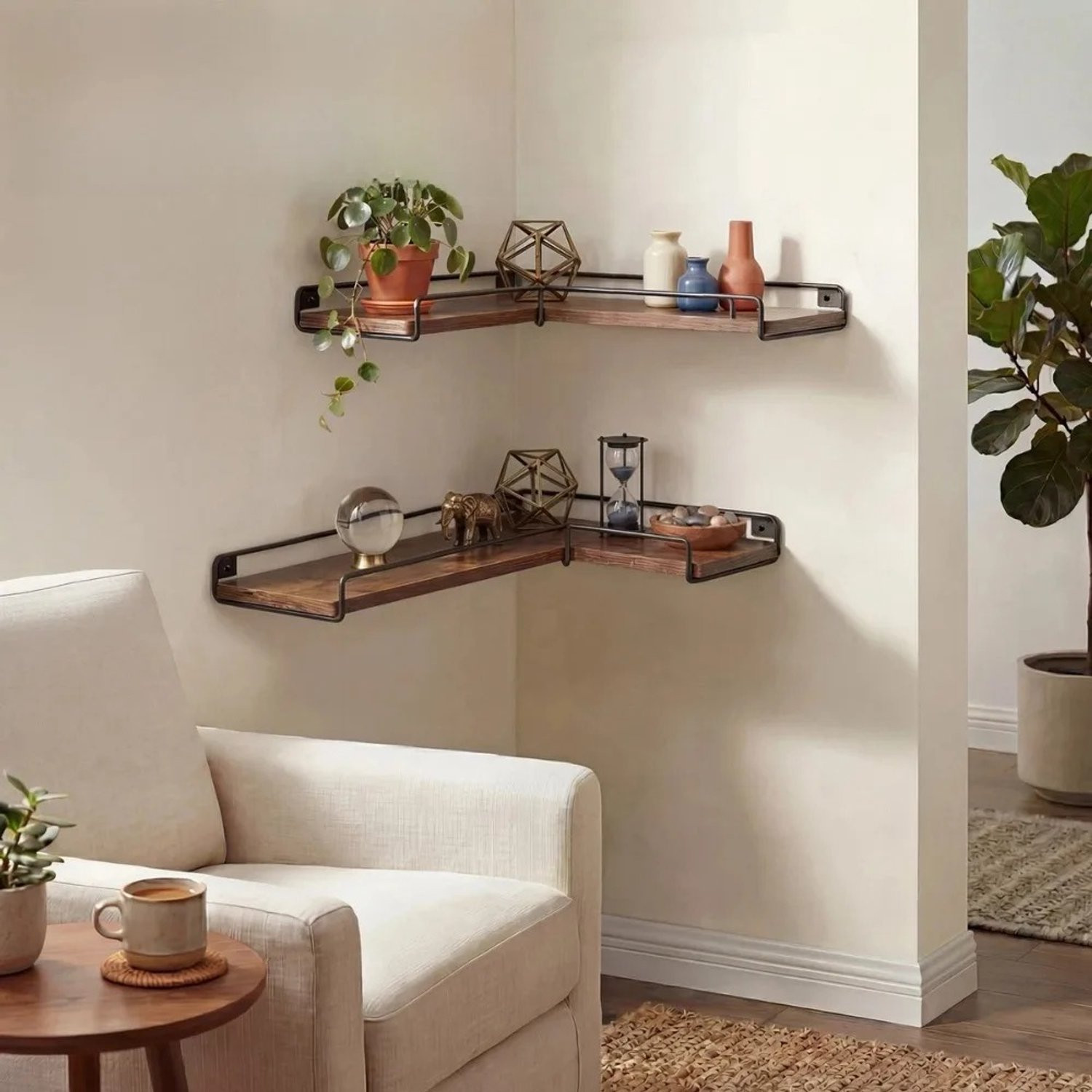 Set van 2 L-vormige houten hoekplanken voor wandmontage