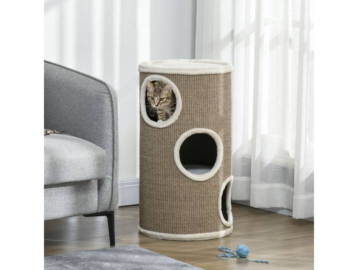 PawHut Tonneau à Gratter pour Chat, Tour à Griffer en Sisal à 3 Niveaux Recouvert de Peluche, Ø 38 x 70 cm, Marron