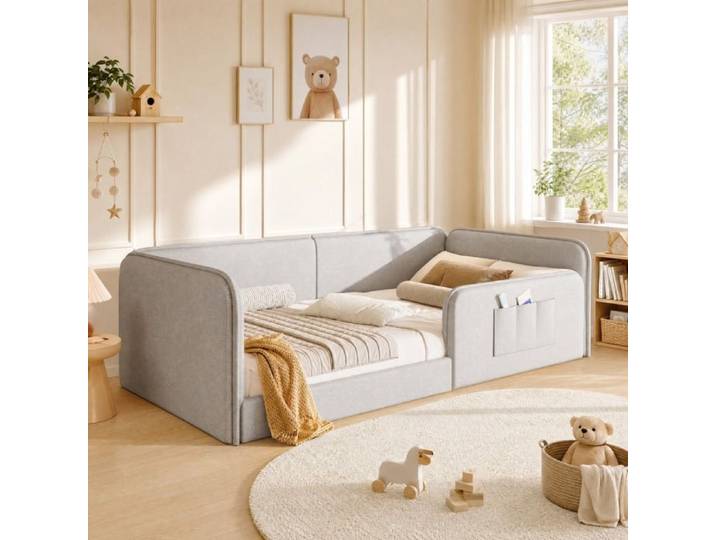 COVREO Lit plateforme 1 place 90 x 200 cm rembourré en mousse avec sommier à lattes beige