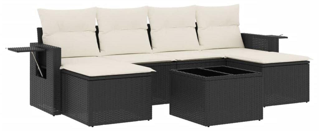 Loungeset, 7-teilig - Poly-Rattan, Schwarz - 7 Sitzplätze - Mit Kissen - Gartenmöbel