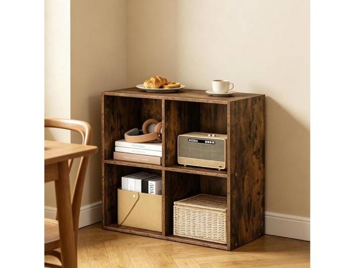 WOVREO Bibliothèque ouverte 4 compartiments meuble de rangement bois marron rustique 59 6 x 59 8 x 29 cm