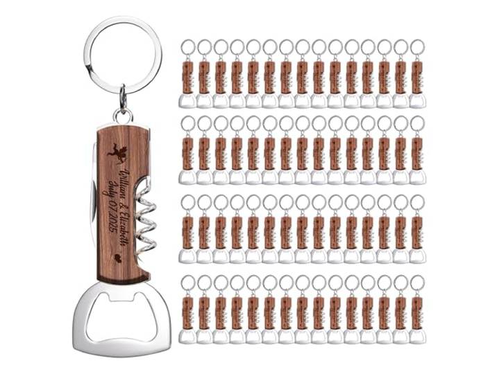 60 STÜCK Personalisierte Multifunktionale Flaschenöffner aus Rosenholz, Maßgeschneiderte Gastgeschenke für Hochzeiten und Geburtstagsfeiern, Gravierte Flaschenöffner-Schlüsselanhänger für Gäste