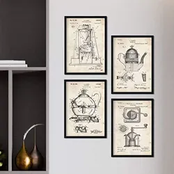 POSTER Set mit 4 Jahrgang cafeteras Patenten A4 Schwarzer Rahmen