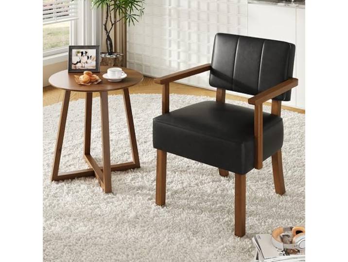 Moderner Mid-Century Esszimmerstuhl – Akzentstuhl mit Holzrahmen und vertikal gestreiftem PU-Leder – Bequemer Armlehnsessel für Wohnzimmer, Schlafzimmer oder Balkon – Farbe: Vertikal gestreiftes PU