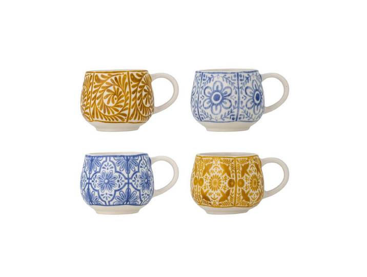 Becher-Set Eirvik – Blau- Orange Steingut (4-teilig) - Blau und Orange mit Mustern - Luxusbetten24