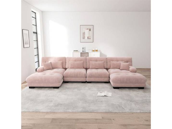 DRIPEX Canapé Modulaire 4/5 Places en U Tissu en Chenille Rose Cadre en Bois Massif 4 Coussins lombaire+2 Coussins décoratifs