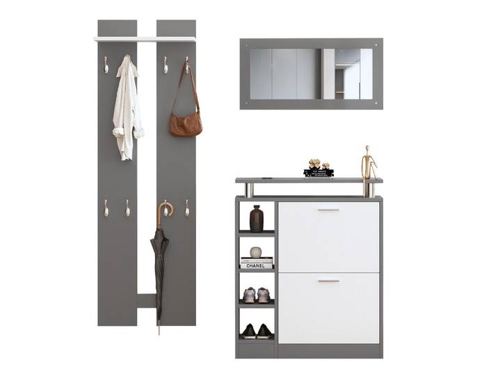 Redom Garderobenset 80/25/96,5 cm mit Spiegel, Schuhschrank und 2 Wandpaneelen aus Spanplatte, Grau/Weiß, 80x96x25 cm, Garderobe, Garderobenschränke