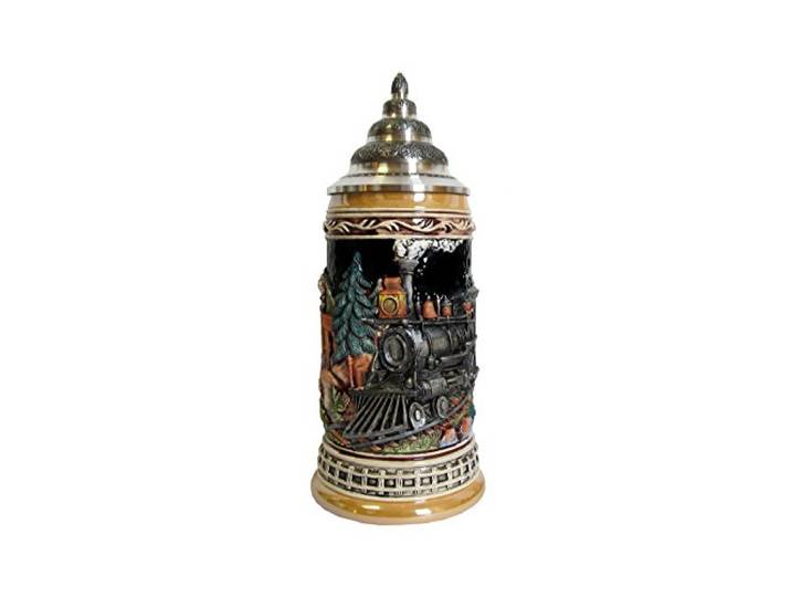 KING Eisenbahn Bierkrug, kobalt, bunt, mit Zinnspitzdeckel, 0,5 Liter Bierseidel