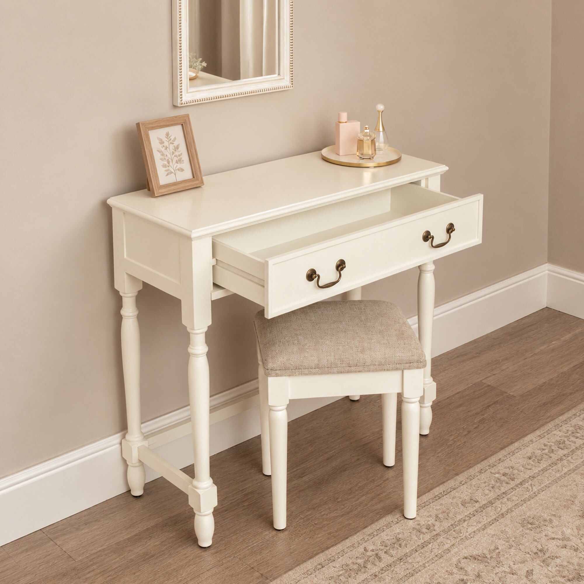 Ivory One Drawer Dressing Table & Stool Set - Charlotte Ivory Range Wood, Metal