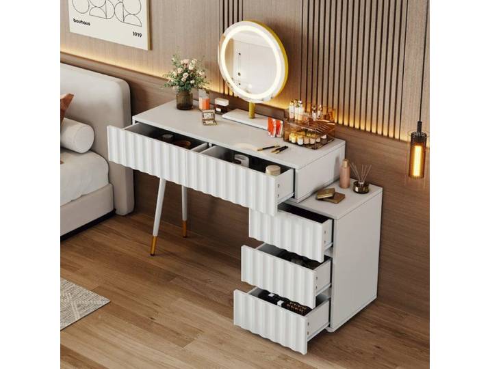 Coiffeuse avec miroir LED - LANGTU - Style moderne - Miroir LED 3 couleurs - Grossissant 360° - 5 tiroirs spacieux