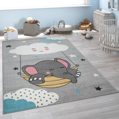 Paco Home Kids Rug for Nursery with Cute Elephant and Cloud Motif in Grey
