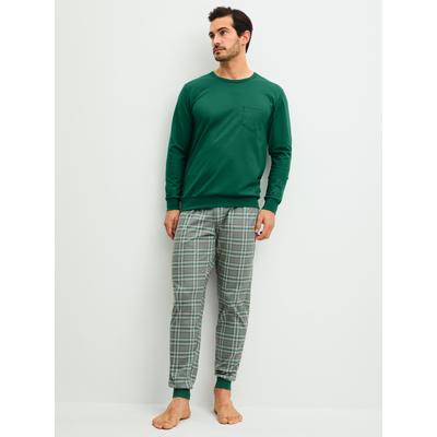 Schlafanzug CALIDA "Relax Imprint 2", Herren, Gr. M (50), grün (forest grün), Single Jersey, Obermaterial: 100% Baumwolle, bequem lang, Rundhals, angesetztes Bündchen, Homewear-Sets Schlafanzug, aus weicher Single-Jersey-Qualität, mit langem Arm,...
