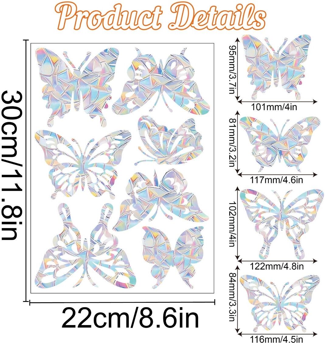 INF Schmetterling-Fensteraufkleber (7 Stück pro Bogen) 2er-Pack — PVC statische prismatische Sonnensammler zur Vermeidung von