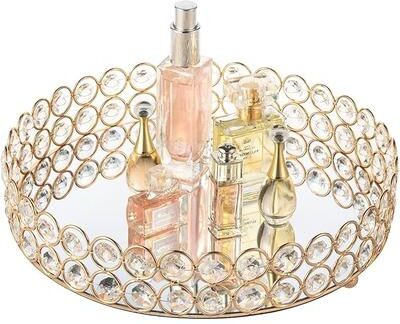 Shop Station Crystal Vanity Tray With Mirror Glass Decorative Perfume Tray For Makeup, Jewelry & Skincare golden