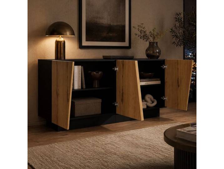 Buffet bas - ZEVKOR - 160×40×72 cm - 4 portes - Étagère réglable - Noir et bois