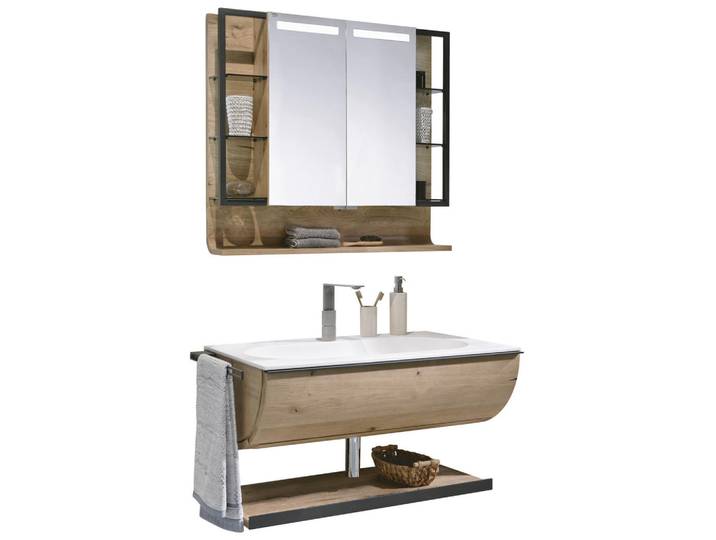 Voglauer Badezimmer V-Quell, Weiß, Eichefarben, Holz, Glas, 4-teilig, Eiche, furniert, mehrschichtige Massivholzplatte (Tischlerplatte), 1 Schublade(n) Schubladen, 96 cm, Goldenes M, Made in Austria, hängend, Typenvielfalt, Badezimmer, Badmöbelsets & Badmöbelserien, Badmöbel-Sets