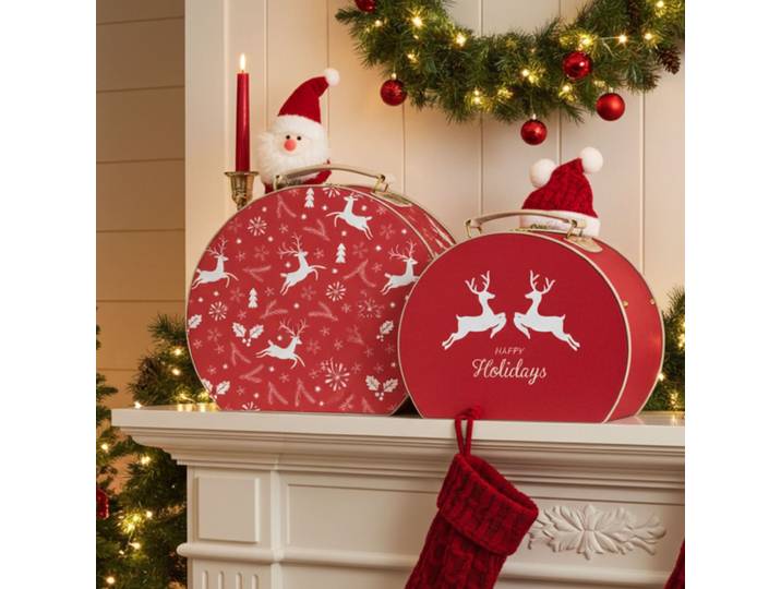 2er-Set Weihnachtskoffer mit Rentier Motiv, rot/weiss