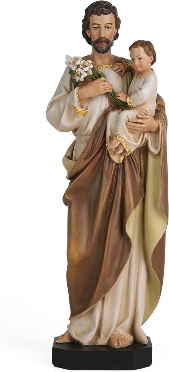 Handgeschilderd religieus beeldje Sint Jozef met kind Jezus, Hoogte: 26,2 cm