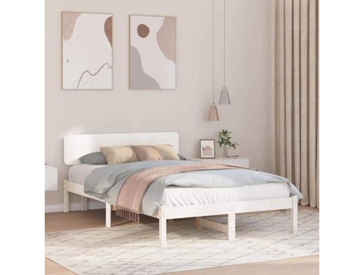 RJPLMFV Bettgestell, Kiefernholz, massiv, Weiß, 120 x 200 cm Kopfteil inklusive, feste Lattenrosten, quadratische Beine, leicht zu reinigen, minimalistisches Design