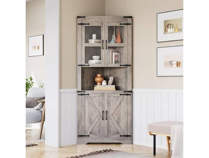 Thaookte Küchenschrank Hoch, Eckschrank, Badezimmerschrank Schmal, Eckregal Mit 4 Türen Und 5 Ablageflächen, 170cm Aufbewahrungsschrank Holz, Hochschrank Für Küche, Wohnzimmer, Esszimmer, Grau