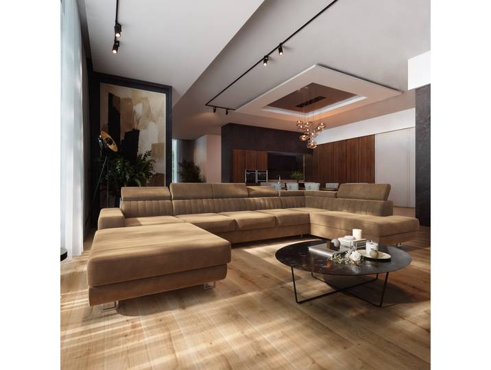 Masseno Ecksofa GAIAN mit Schlaffunktion und Bettkasten, Schlafsofa, U-Form Sofa, Couch für Wohnzimmer - Beige, MONOLITH 09