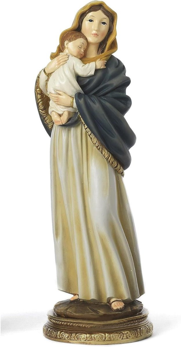 Wit Standbeeld Madonna met Kind - Religieus Decoratief Beeld voor op Tafel - Hoogte: 20 cm