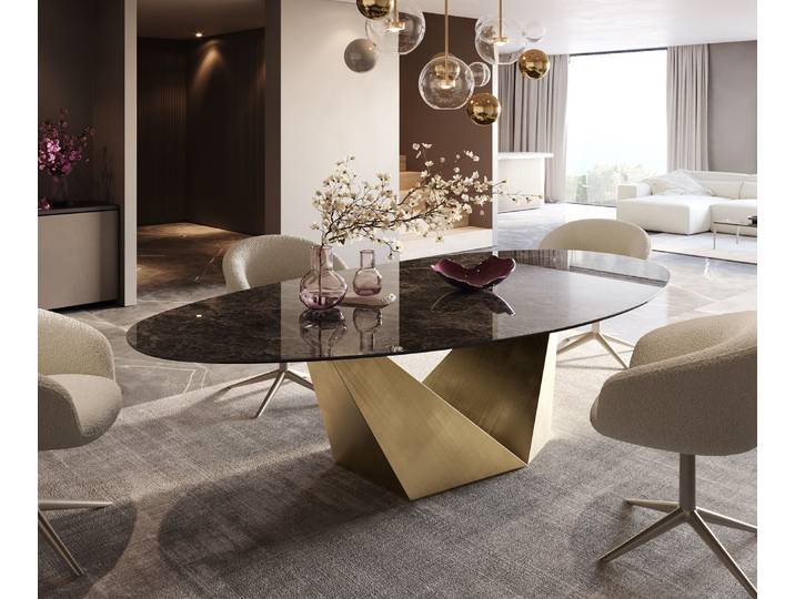Esstisch Edge Oval 280x130 Keramik Emperador Extra Lucidato Dunkelbraun Prisma Metallic Gold, Esstische