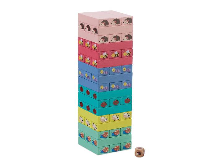 Wackelturm Holz mit Tieren Gelb-Rosa-Türkis