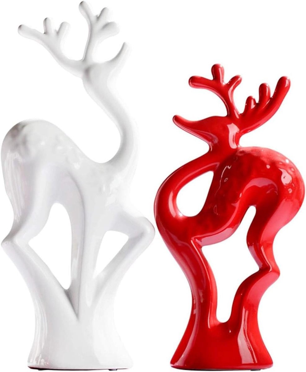 Handgemaakt keramisch herten standbeeld voor interieur decoratie in rood en wit