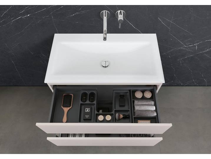 Zafiro - Badmöbelset 90 cm mit Glaswaschbecken Optiwhite und grifflosem Unterschrank