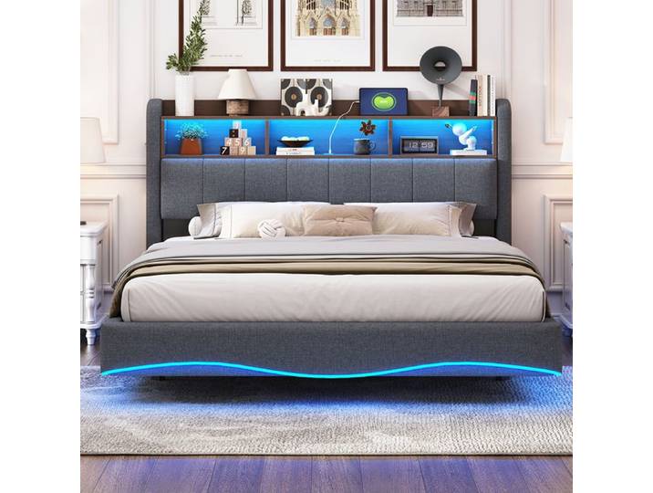 Lit 160x200 cm design suspendu lit de rangement avec éclairage LED interface USB et Type-C - SWEIKO - Gris