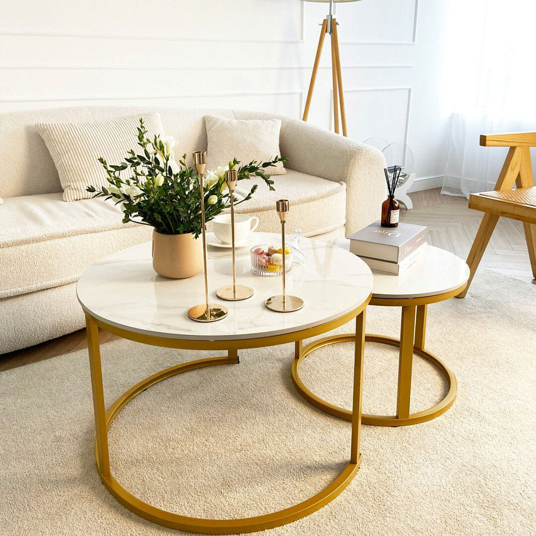 Froppi Marble Nesting Coffee Tables for Living Room   Real Sintered Stone Slab   2 Piece Table Set Black&White Top/Gold Base 45 cm H x 70 cm L x 70 cm W