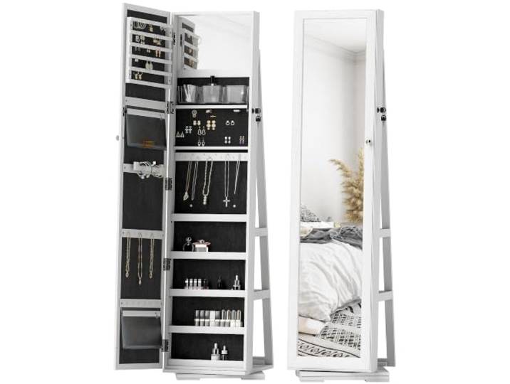 HOMCOM Armoire à Bijoux Pivotante Verrouillable avec Miroir Blanc Boîte à Bijoux Bois\, Multi-Rangement