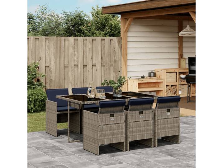 vidaXL 7-teiliges Garten-Ess-Set mit Kissen, grau, Polyrattan