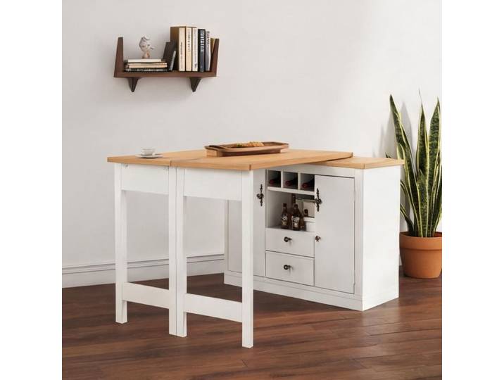 Buffet bar extensible avec rotation 360° et rangement 120-180 cm design contemporain soft white